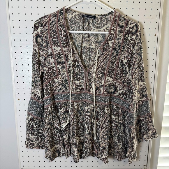American Eagle Outfitters Tops - American Eagle Outfitters Blouse Womens Large Paisley Tassel 3/4 Sleeve Boho Top